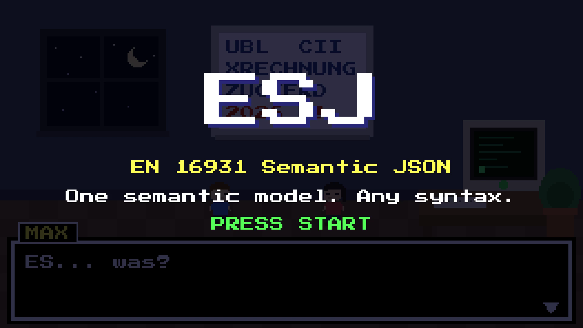 Titelbild des ESJ-Videos: ESJ – EN 16931 Semantic JSON – One semantic model. Any syntax. – Press Start